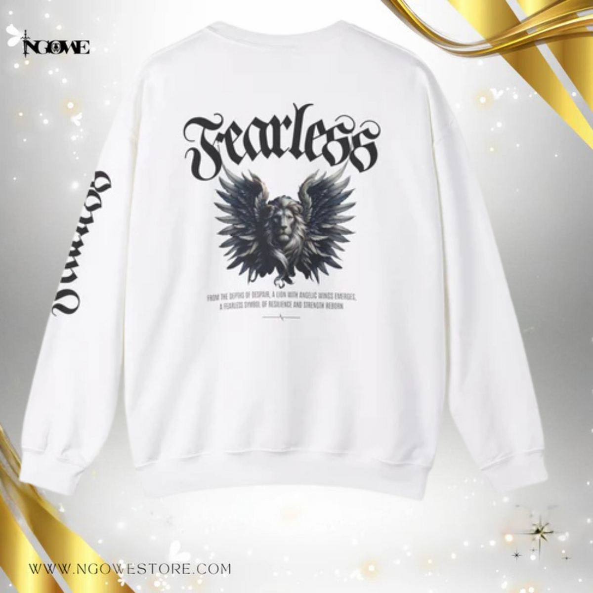 Discover the Fearless Collection: T-shirts, sweaters, and joggers featuring 'Fearless' and a lion with angel wings, symbolizing strength and resilience.