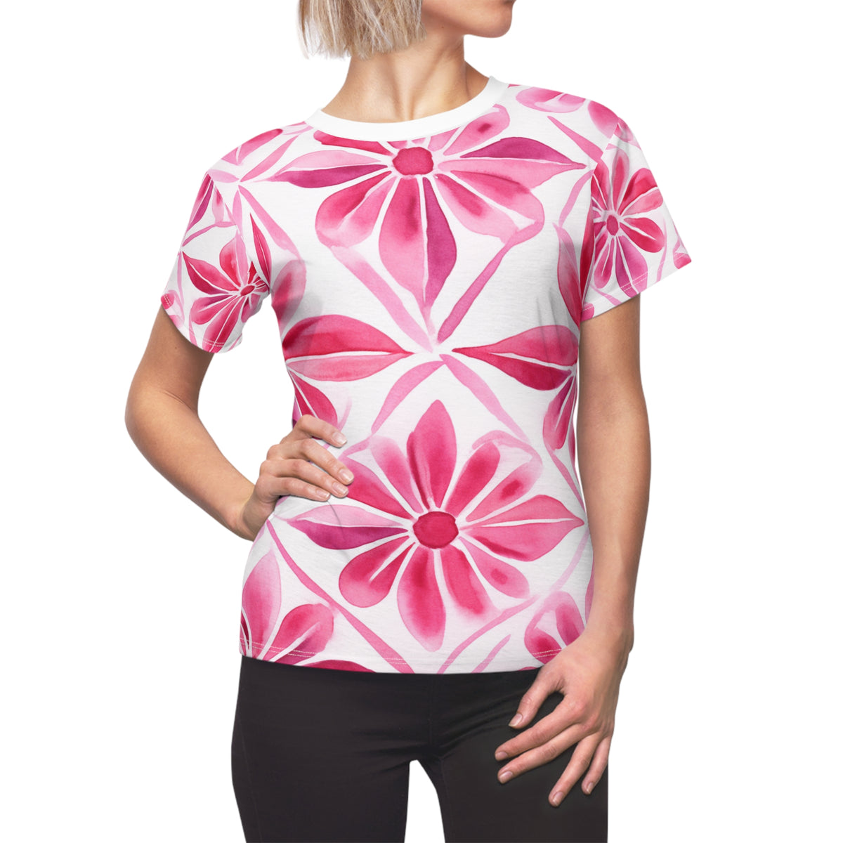 Soft Pink Flowers Women's Cut & Sew Tee (AOP) - NGOWE STORE