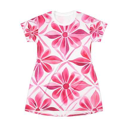 Fearless Bloom - NGOWE Statement Wear - Pink Floral A-Line T-Shirt Dress (AOP)