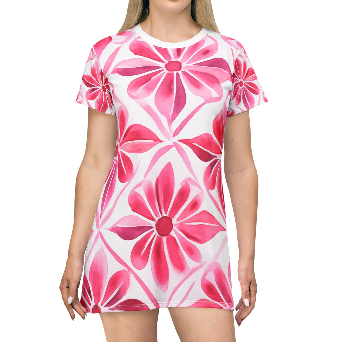 Fearless Bloom - NGOWE Statement Wear - Pink Floral A-Line T-Shirt Dress (AOP) - NGOWE STORE