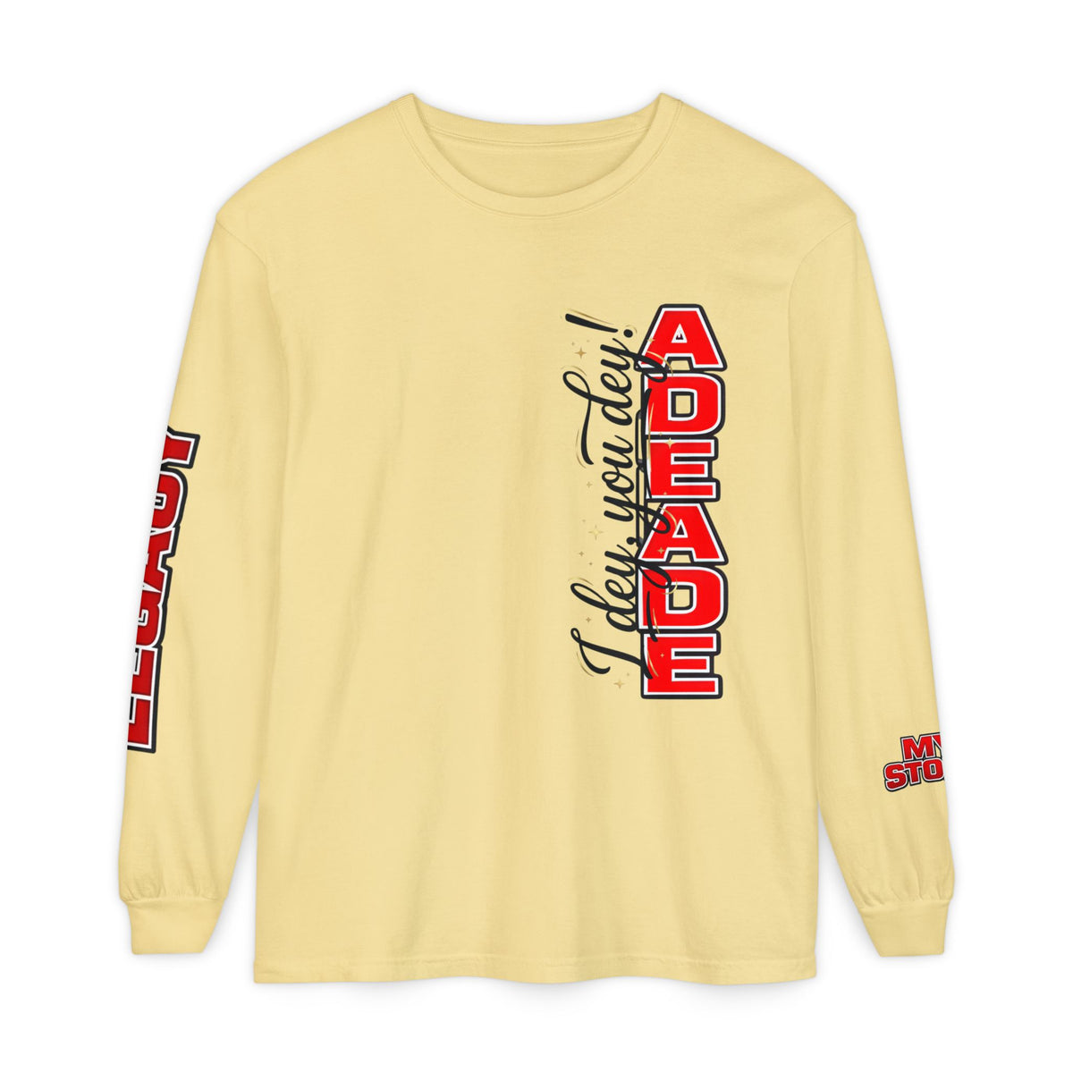 AdeAde “I Deh, You Deh?” — Original • My Story • Legacy Edition Unisex Garment-dyed Long Sleeve T-Shirt - NGOWE STORE