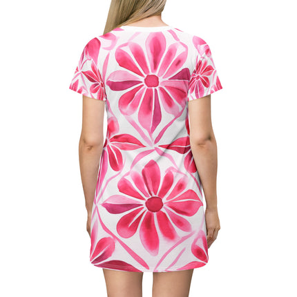 Fearless Bloom - NGOWE Statement Wear - Pink Floral A-Line T-Shirt Dress (AOP)