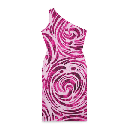 African Pink Swirling Abstract One Shoulder Dress