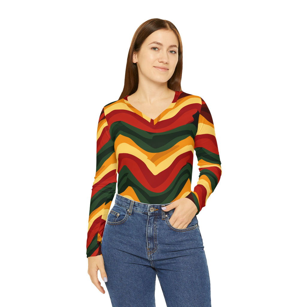 Waves Women's Long Sleeve V-neck Shirt (AOP) - NGOWE STORE